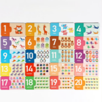 Colorful 20-piece number puzzle from 1 to 20, each piece shows the digit, written word, and a cute illustration (animals, objects).