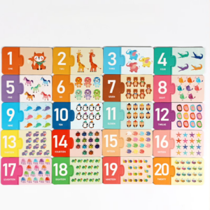 Colorful 20-piece number puzzle from 1 to 20, each piece shows the digit, written word, and a cute illustration (animals, objects).