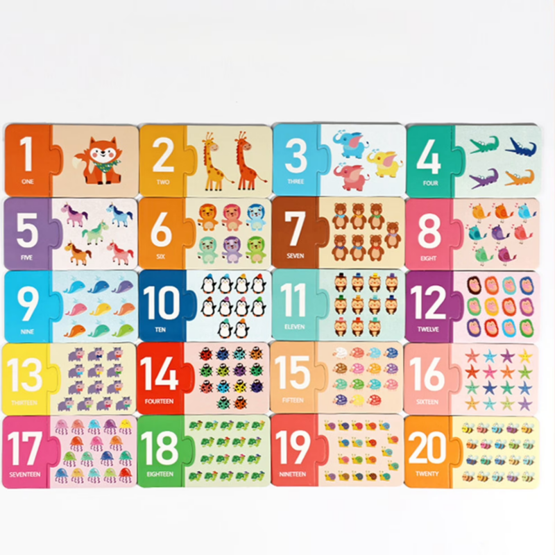 Colorful 20-piece number puzzle from 1 to 20, each piece shows the digit, written word, and a cute illustration (animals, objects).