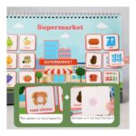Colorful kids' puzzle page about a supermarket with food tiles; a hand places a tile reading 'roast chicken'