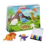 Colored dinosaur activity book with stick-figure cutouts and markers for kids, featuring a Jurassic Park theme and prehistoric panels to place the cutouts on.