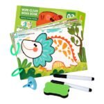 Wipe-clean kids' workbook with a colorful dinosaur illustration, surrounded by two markers, a blue stamp, and a green sponge eraser set.