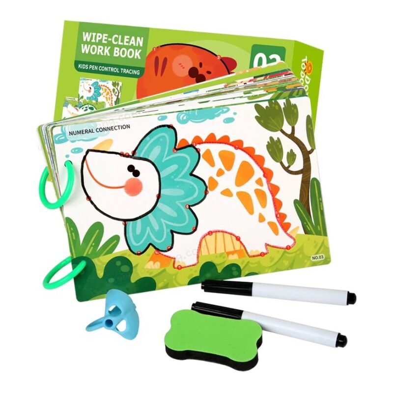 Wipe-clean kids' workbook with a colorful dinosaur illustration, surrounded by two markers, a blue stamp, and a green sponge eraser set.