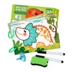 Wipe-clean kids activity book with a friendly dinosaur illustration, markers, and reusable tools for tracing and coloring (educational set)