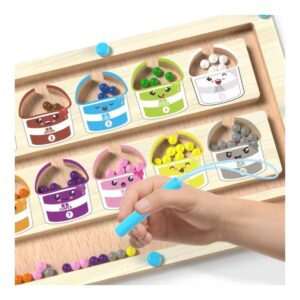 Wooden bead-sorting toy with color buckets and a hand threading blue beads onto a string.
