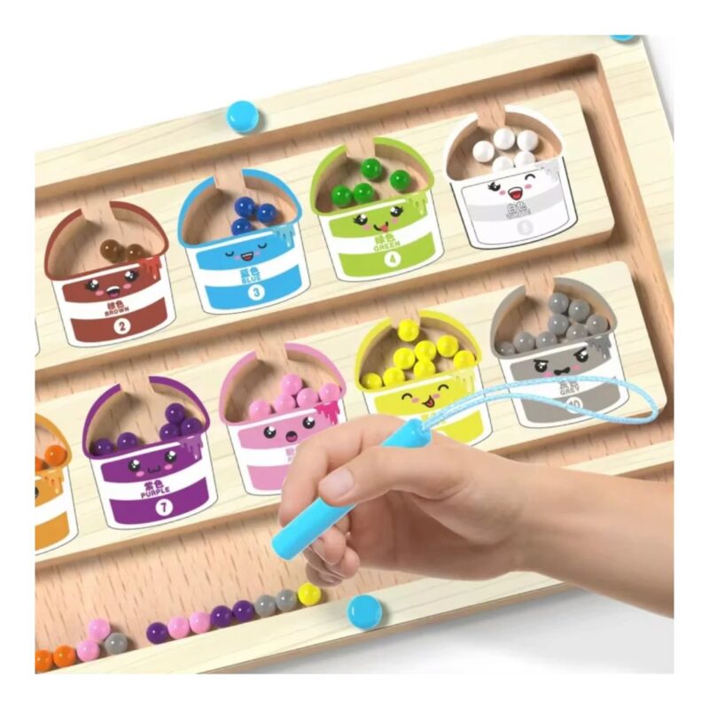 Wooden bead-sorting toy with color buckets and a hand threading blue beads onto a string.