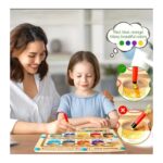 Mother guides young girl as they paint with a watercolor palette; a thought bubble shows color names and color dots (red, blue, orange). Alternative educational painting scene for kids.
