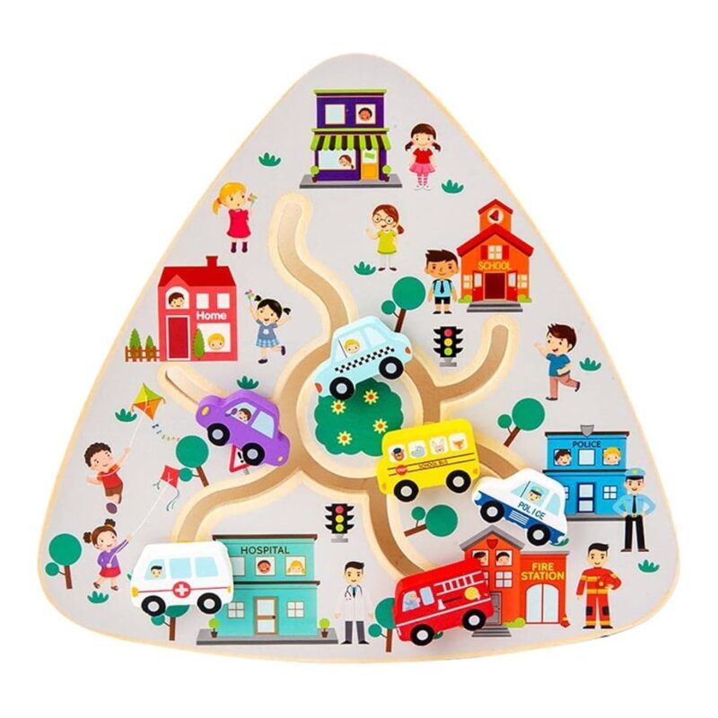 A colorful children's road map puzzle with buildings (hospital, school, fire station, police) and toy cars on winding roads for imaginative play.