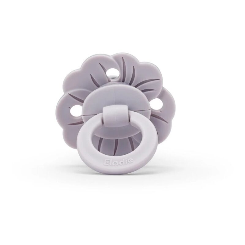 Lavender flower-shaped baby pacifier with a white ring handle (Elodie brand).