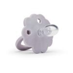 Purple flower-shaped baby pacifier with a clear silicone nipple.