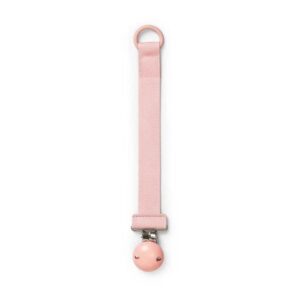 Pink fabric pacifier clip with loop at top and round pink silicone pacifier at the end.