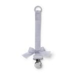 Light purple fabric strap with a bow and metal clip, used to attach a pacifier or small items.