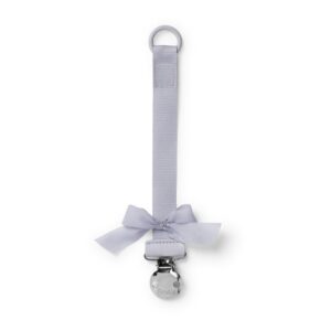Light purple fabric strap with a bow and metal clip, used to attach a pacifier or small items.