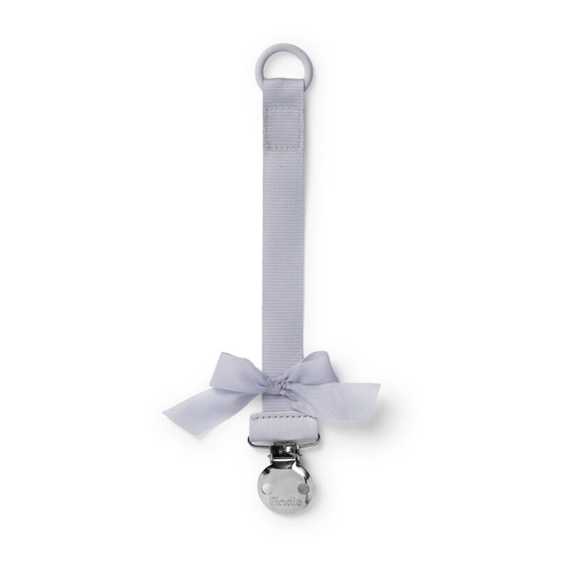 Light purple fabric strap with a bow and metal clip, used to attach a pacifier or small items.