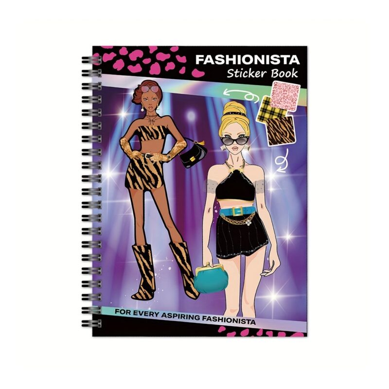Cover of a Fashionista Sticker Book with two illustrated models posing in trendy outfits on a purple stage background, text reads 'FASHIONISTA Sticker Book'.
