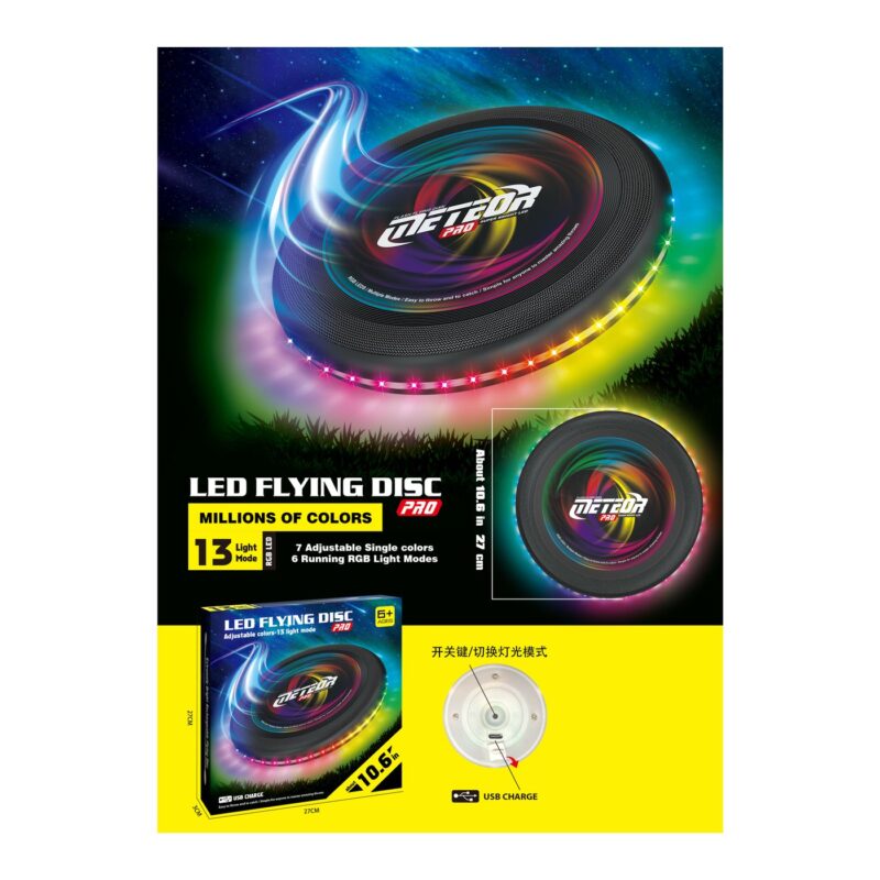 Colorful LED flying disc toy on a black/yellow product box, highlighting 13 light modes and rainbow lights as packaging artwork.
