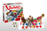 Twister game box with colorful cartoon players and a white background, showing the red Twister logo and the slogan "The game that ties you up in knots!"