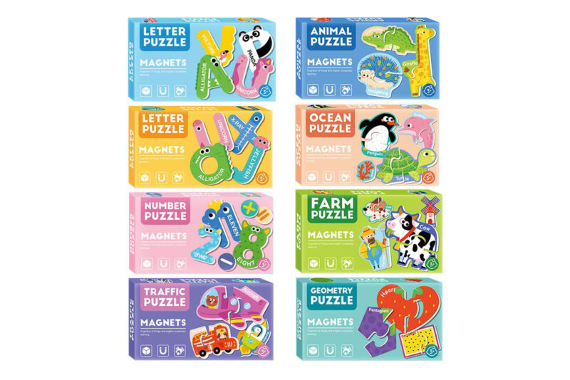Eight colorful magnetic puzzle boxes for kids, arranged in two columns, covering letter, animal, ocean, farm, traffic, and geometry themes.