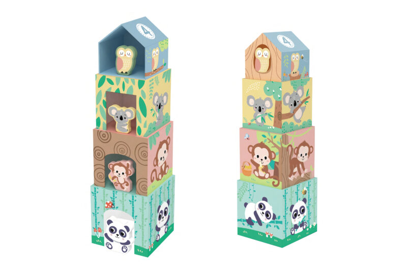 Two tall stacks of colorful illustrated wooden blocks showing animals (owl, koala, panda, monkey) on each block, side by side on a white background.