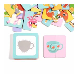 Colorful children's puzzle pieces scattered, with two completed sections showing a teal-framed square cup image on the left and a pink puzzle with a blue teacup with cherries on the right.