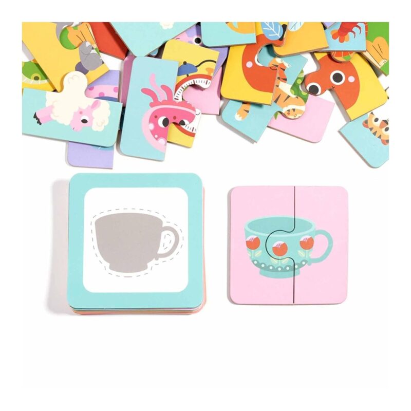 Colorful children's puzzle pieces scattered, with two completed sections showing a teal-framed square cup image on the left and a pink puzzle with a blue teacup with cherries on the right.