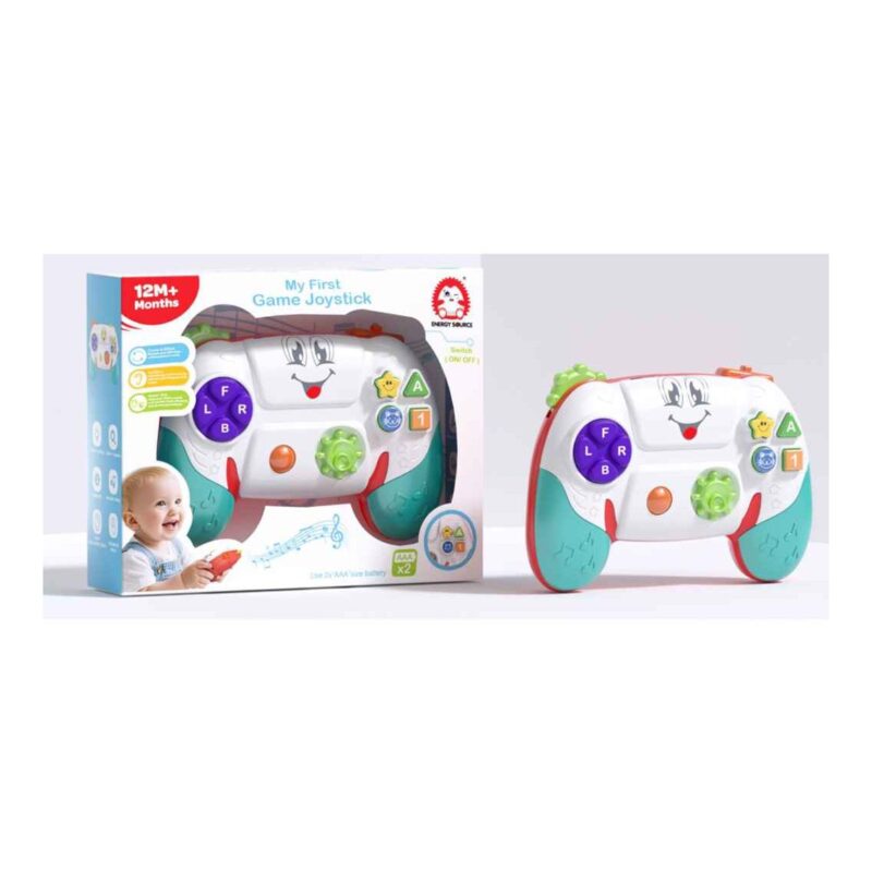 Infant toy joystick with a smiling face, turquoise handles, purple button cluster, shown beside its packaging box.