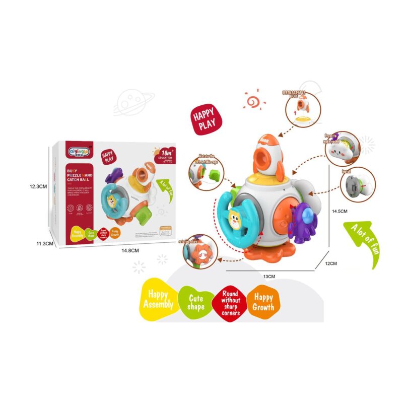 Colorful children's educational robot toy with detachable parts, shown beside its packaging and labeled dimensions for size.