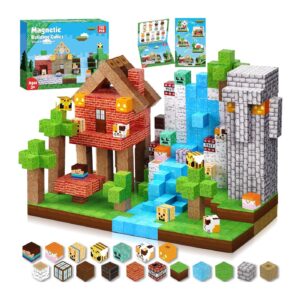 Minecraft-style magnetic building blocks arranged as a red brick house with trees, a gray stone mountain, and a blue water stream set on a green baseplate, plus tiny block characters and a product box in the corner