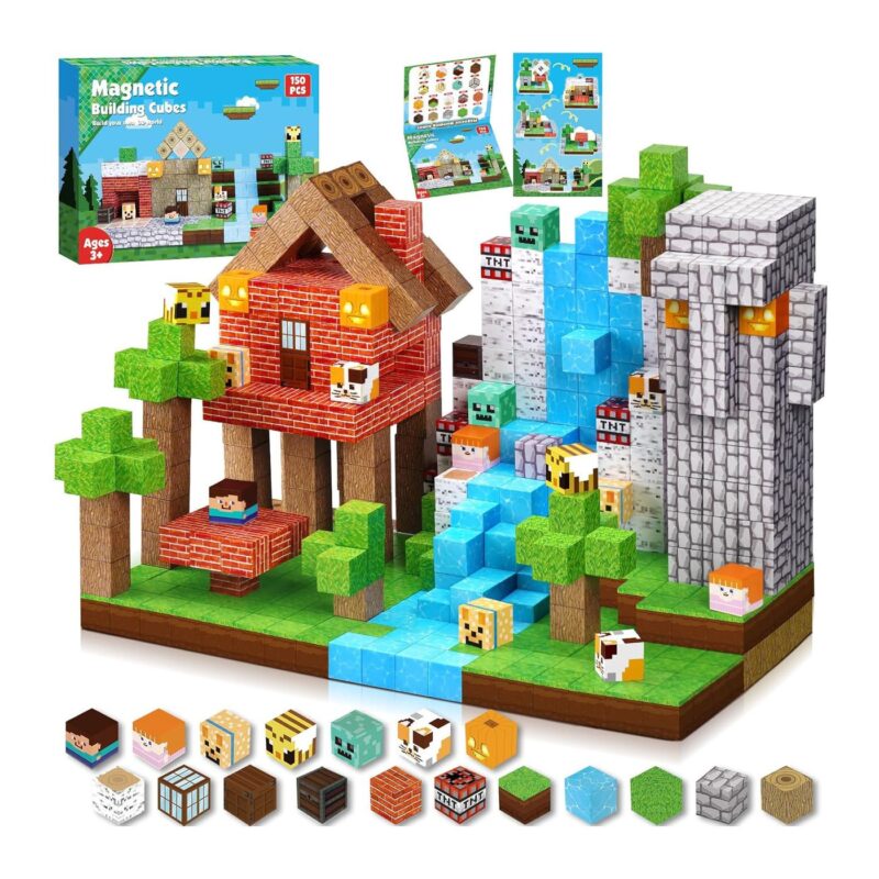 Minecraft-style magnetic building blocks arranged as a red brick house with trees, a gray stone mountain, and a blue water stream set on a green baseplate, plus tiny block characters and a product box in the corner