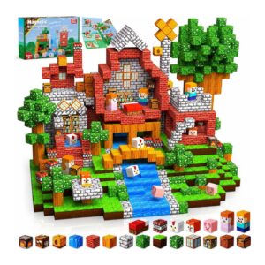 Magnetic building cubes create a brick house village with trees, a flowing river, and small character figures.