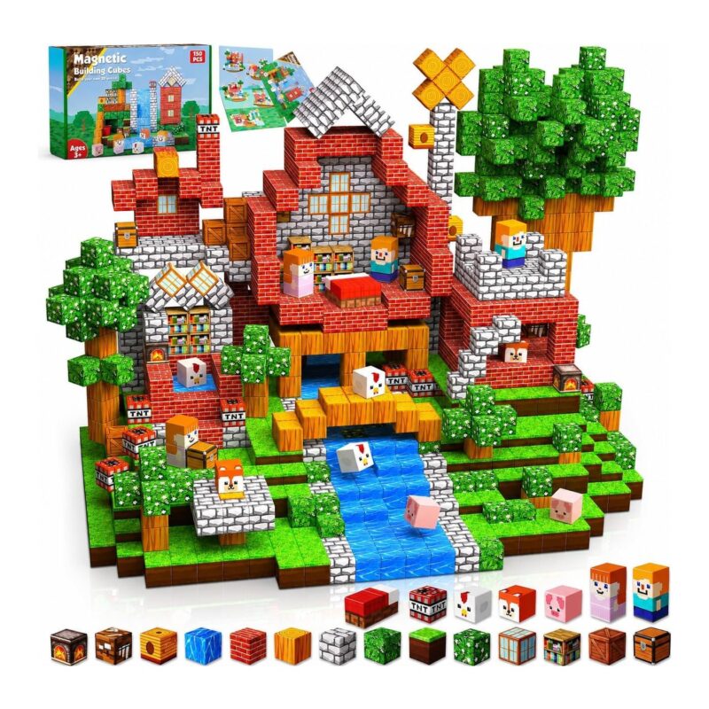 Magnetic building cubes create a brick house village with trees, a flowing river, and small character figures.