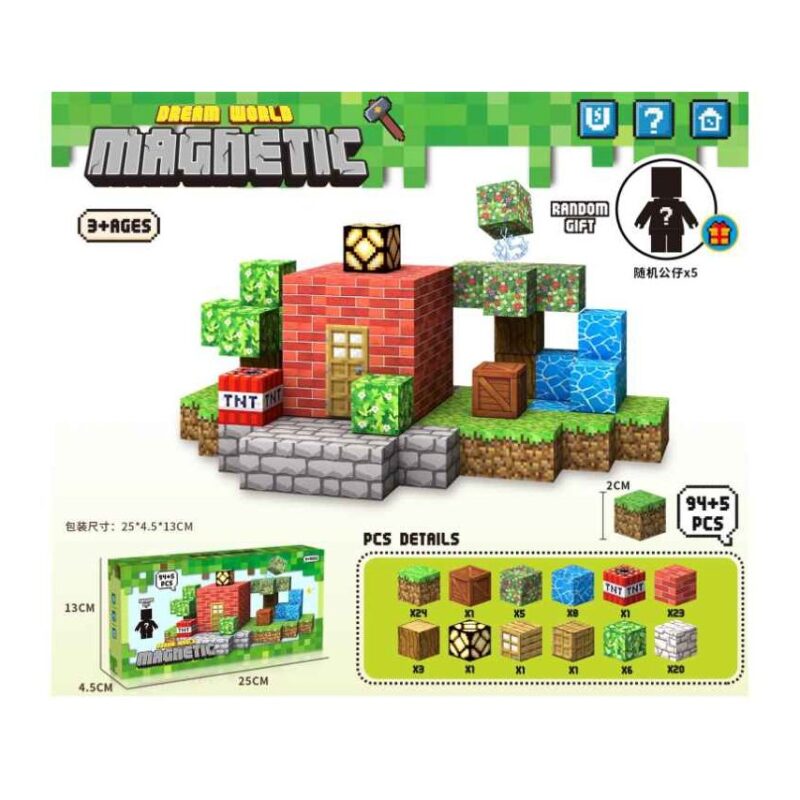 Magnetic building blocks set for ages 3+, showing a colorful brick house with green grass and various cubes, plus packaging and parts layout.