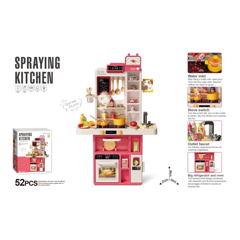 Colorful children's toy kitchen playset with pink appliances and accessories, packaging shown on the left and instructional panels on the right.