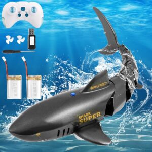 Underwater motorized shark propulsor with remote controller, batteries, and propellers in a sea background (educational/advertisement image)
