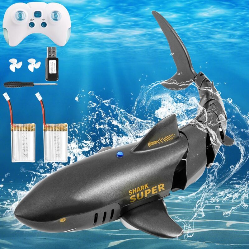 Underwater motorized shark propulsor with remote controller, batteries, and propellers in a sea background (educational/advertisement image)