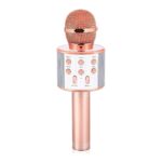 Rose-gold handheld microphone with a built-in control panel and metal grille on top. It resembles a karaoke mic with decorative buttons on the handle.