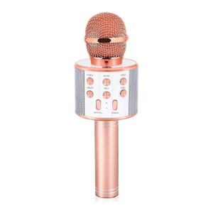 Rose-gold handheld microphone with a built-in control panel and metal grille on top. It resembles a karaoke mic with decorative buttons on the handle.
