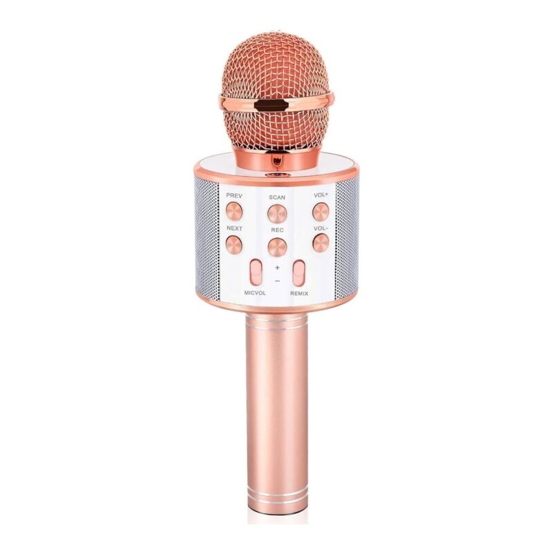 Rose-gold handheld microphone with a built-in control panel and metal grille on top. It resembles a karaoke mic with decorative buttons on the handle.