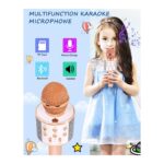 Advertising poster for a multifunction karaoke microphone, showing a girl singing into a pink mic and feature icons (TF Card, Record Songs, Bluetooth, Speaker).