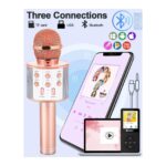 Infographic titled 'Three Connections' showing a microphone with USB, TF card, and Bluetooth icons and connected devices (phone, tablet, MP3 player).