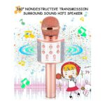 Rose-gold wireless microphone with built-in speaker, set against a colorful music-themed background with a cartoon girl singing.