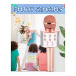 Girl singing into a pink handheld mic in a bright room, with a giant pink wireless microphone in the foreground and a blue 'ENJOY SINGING' banner above.