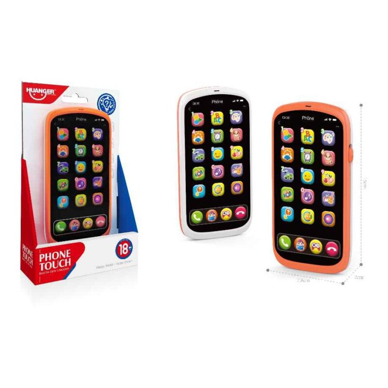 Toy smartphone for kids with an orange bumper, shown in its packaging and two angled views with app icons on the screen