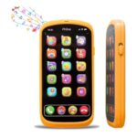 Orange kids' smartphone toy showing a grid of colorful app icons on a black screen, side view on the right.
