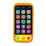 Orange kids' toy smartphone with a grid of colorful app icons on a black screen and a yellow home dock at the bottom