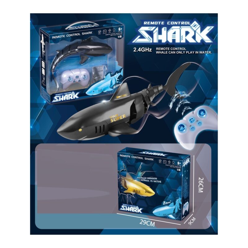 Remote-control shark toy with 2.4 GHz controller and packaging displayed behind it, in blue promotional art.
