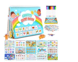 Colorful Graffiti Quiet Book set with spiral-bound pages, markers, and numerous activity cards for kids' learning.