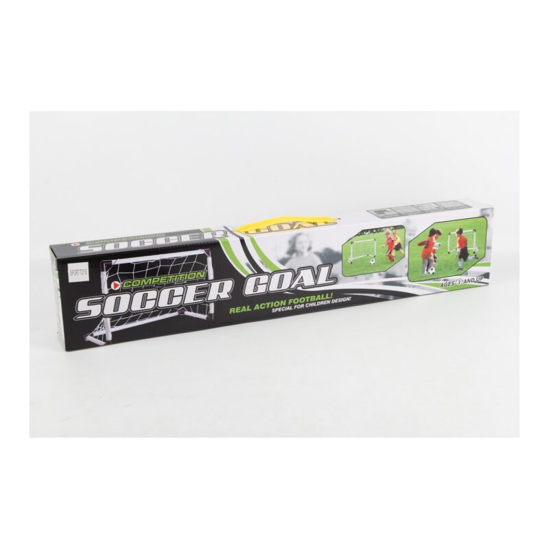 Product packaging for a children's soccer goal set, black with green accents and pictures of kids playing soccer, long box design.