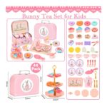 Pink bunny-themed kids' tea set shown in a carrying case with accessories and bite-size treats, labeled 'Bunny Tea Set for Kids'.