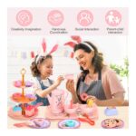 Mom and daughter in bunny ears enjoy a pink tea party with toy dishes and treats, highlighting pretend play benefits like creativity and social interaction.